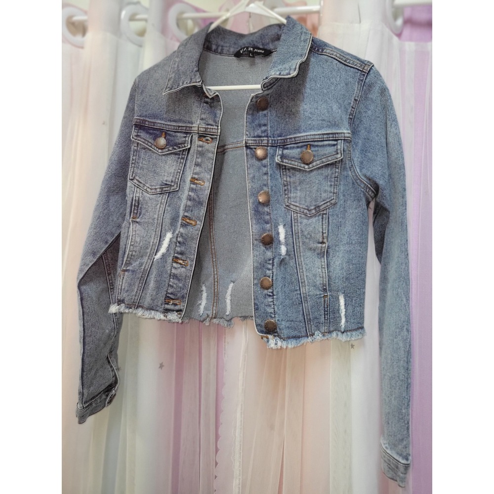 V.I.P. Jeans Women Distressed Cropped Denim Jacket Medium Wash Blue Size L 906